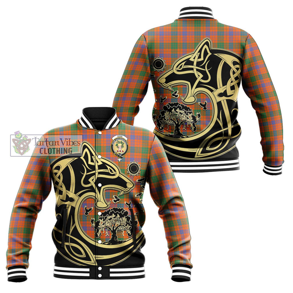 Ross Ancient Tartan Baseball Jacket with Family Crest Celtic Wolf Style Unisex - Tartan Vibes Clothing