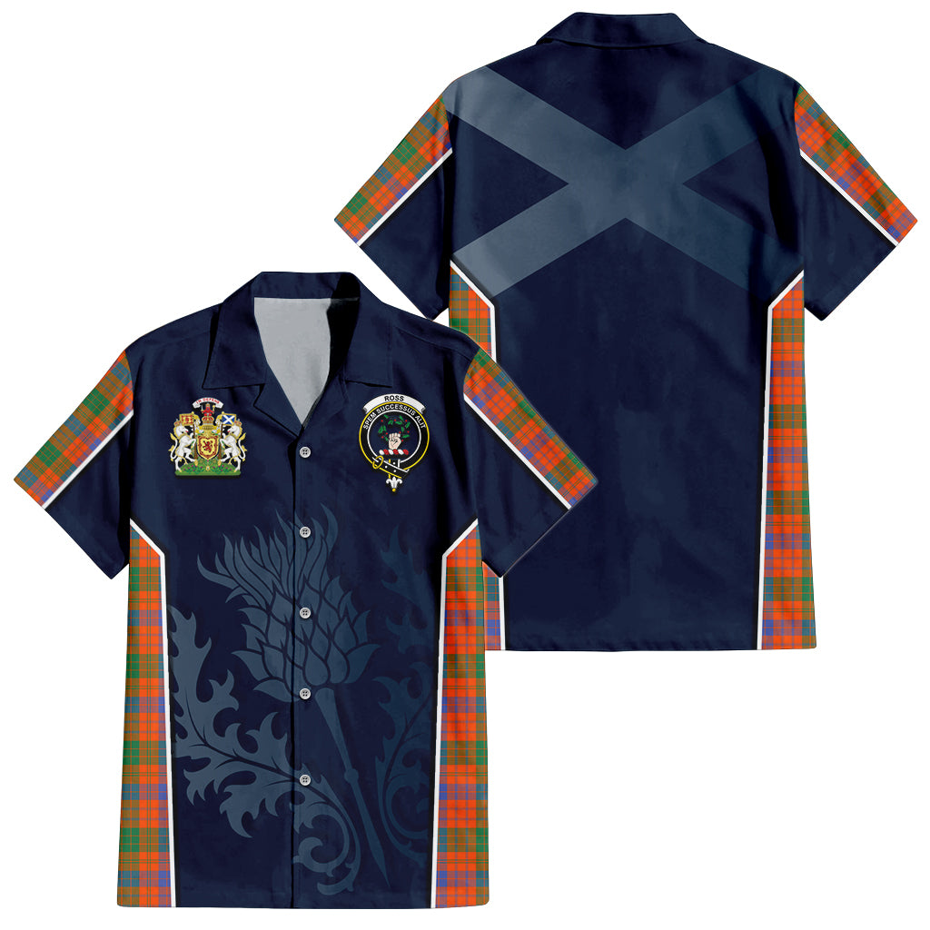 Tartan Vibes Clothing Ross Ancient Tartan Short Sleeve Button Up Shirt with Family Crest and Scottish Thistle Vibes Sport Style