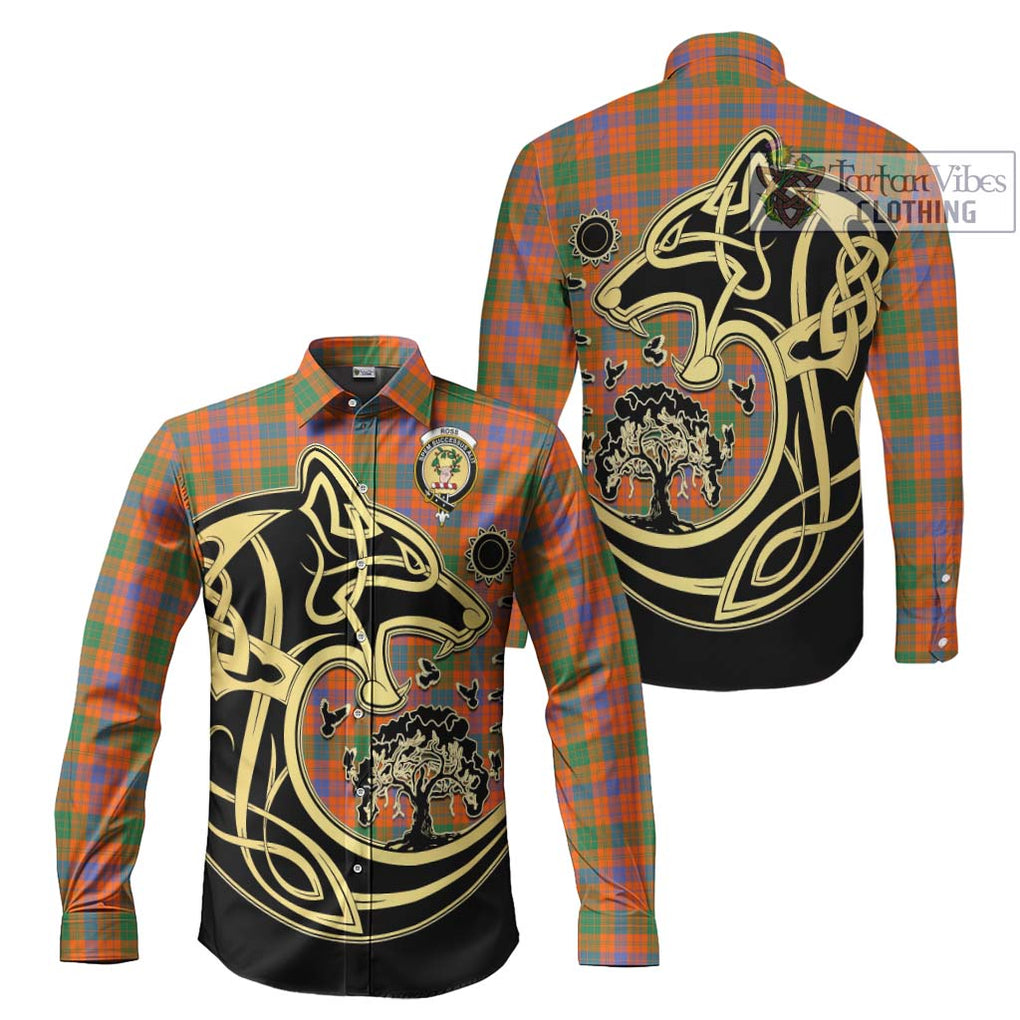 Ross Ancient Tartan Long Sleeve Button Shirt with Family Crest Celtic Wolf Style Men's Shirt S - Tartan Vibes Clothing