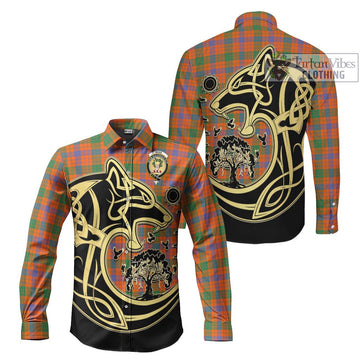 Ross Ancient Tartan Long Sleeve Button Shirt with Family Crest Celtic Wolf Style