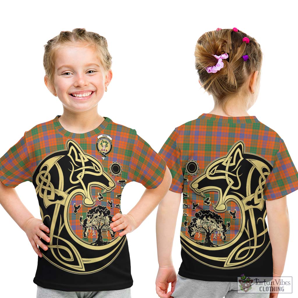 Tartan Vibes Clothing Ross Ancient Tartan Kid T-Shirt with Family Crest Celtic Wolf Style