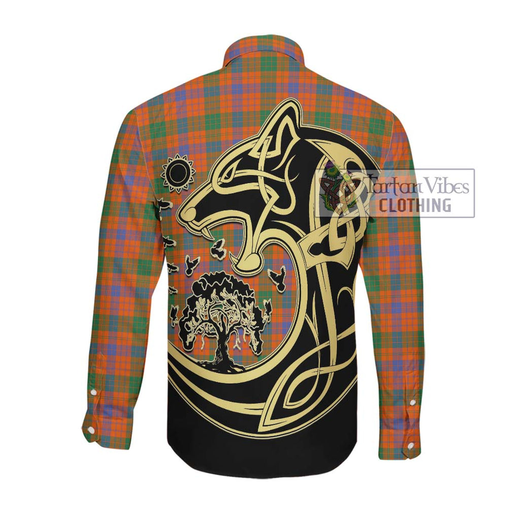 Ross Ancient Tartan Long Sleeve Button Shirt with Family Crest Celtic Wolf Style Men's Shirt - Tartan Vibes Clothing