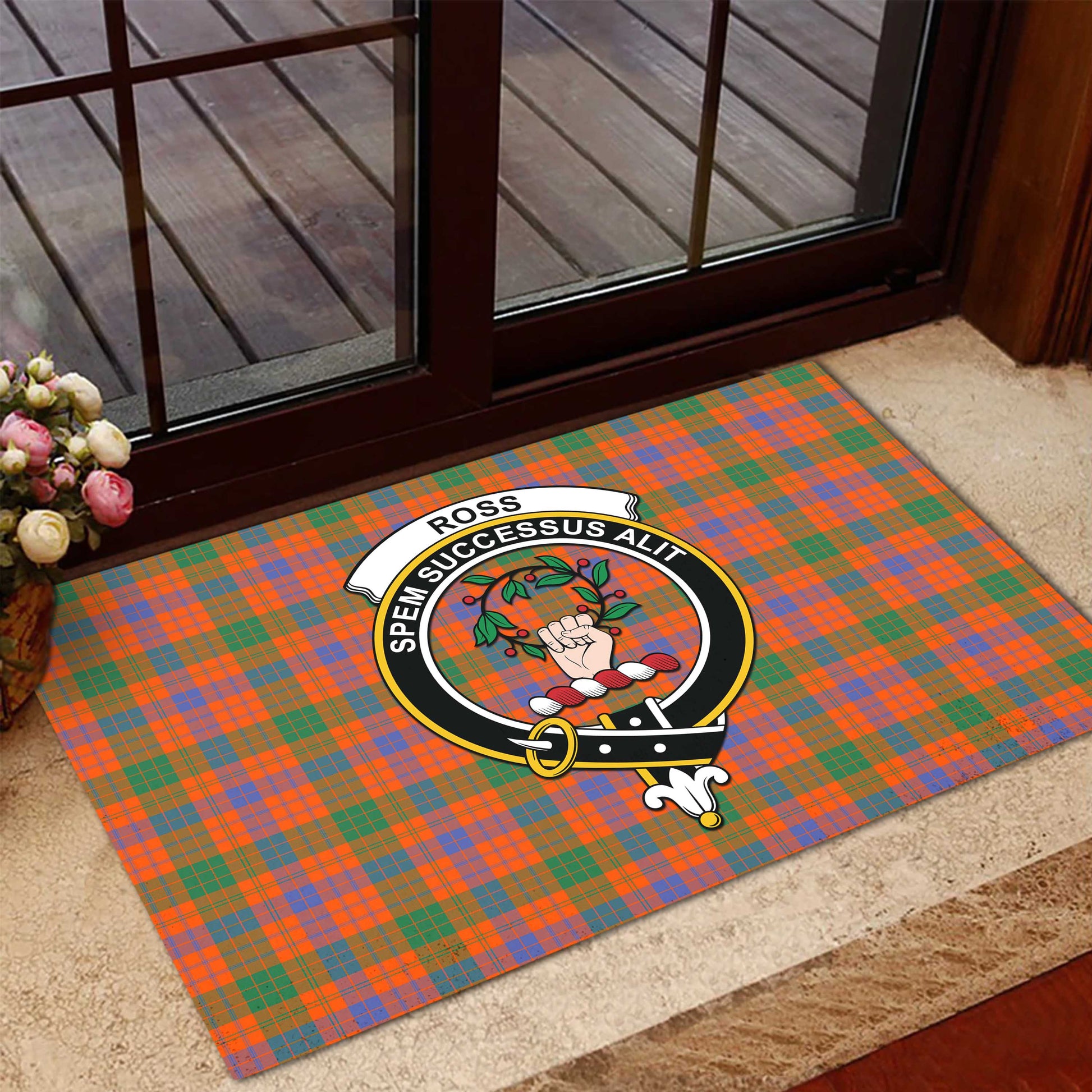 Ross Ancient Tartan Door Mat with Family Crest - Tartanvibesclothing Shop