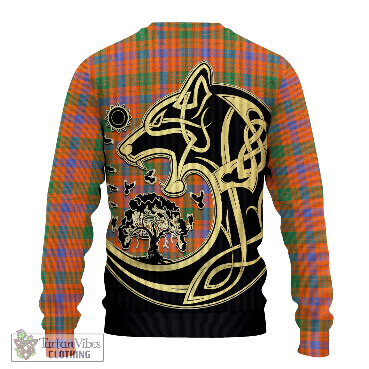 Tartan Vibes Clothing Ross Ancient Tartan Knitted Sweater with Family Crest Celtic Wolf Style