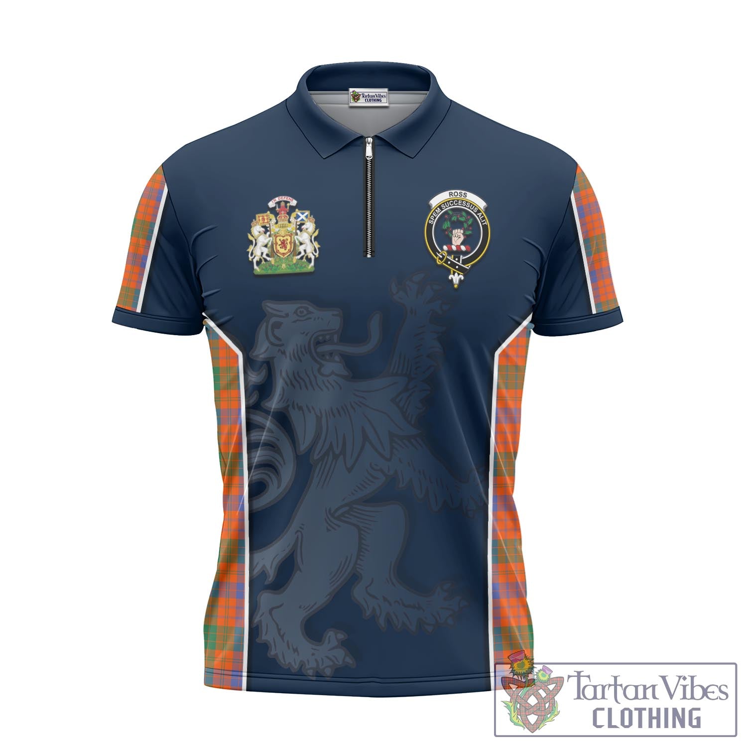 Tartan Vibes Clothing Ross Ancient Tartan Zipper Polo Shirt with Family Crest and Lion Rampant Vibes Sport Style