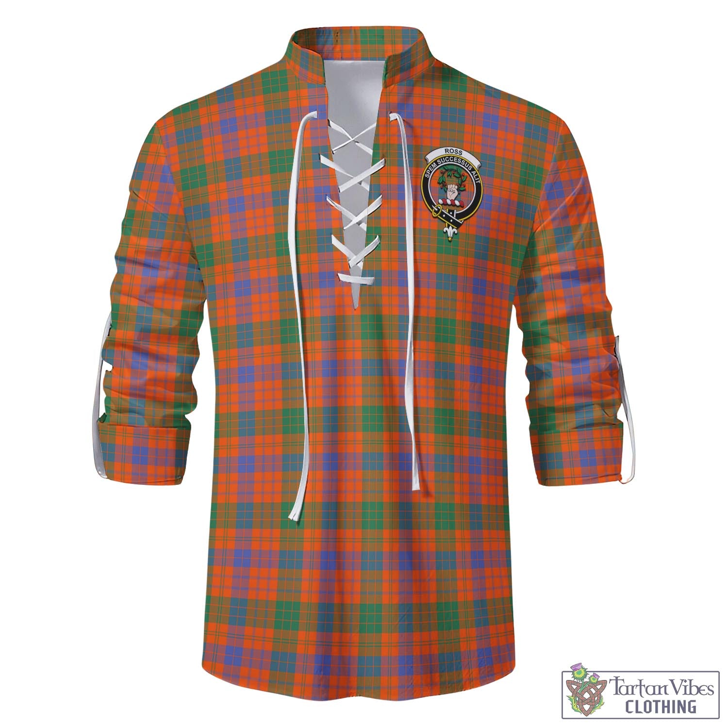 Tartan Vibes Clothing Ross Ancient Tartan Men's Scottish Traditional Jacobite Ghillie Kilt Shirt with Family Crest