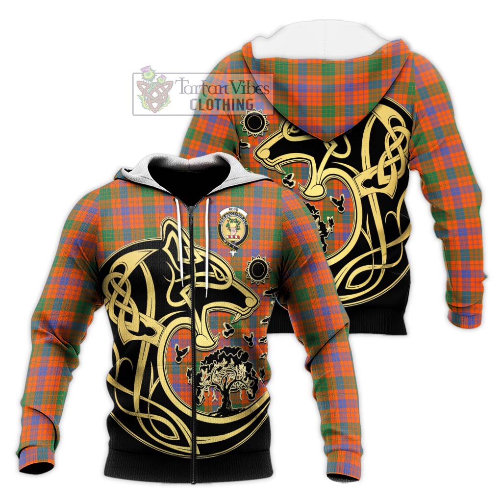 Tartan Vibes Clothing Ross Ancient Tartan Knitted Hoodie with Family Crest Celtic Wolf Style