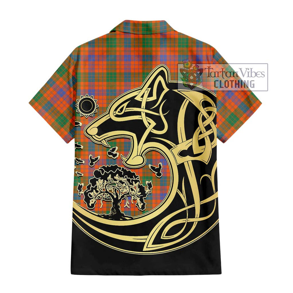 Ross Ancient Tartan Short Sleeve Button Shirt with Family Crest Celtic Wolf Style - Tartan Vibes Clothing