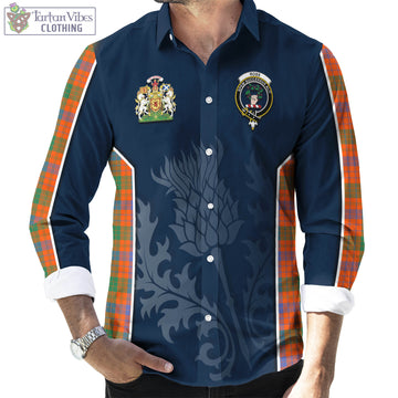 Ross Ancient Tartan Long Sleeve Button Up Shirt with Family Crest and Scottish Thistle Vibes Sport Style