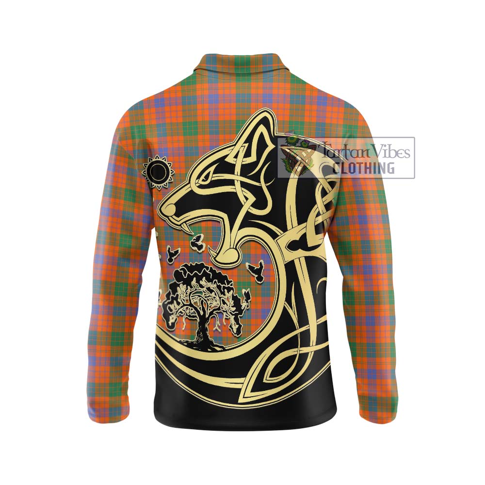 Tartan Vibes Clothing Ross Ancient Tartan Long Sleeve Polo Shirt with Family Crest Celtic Wolf Style