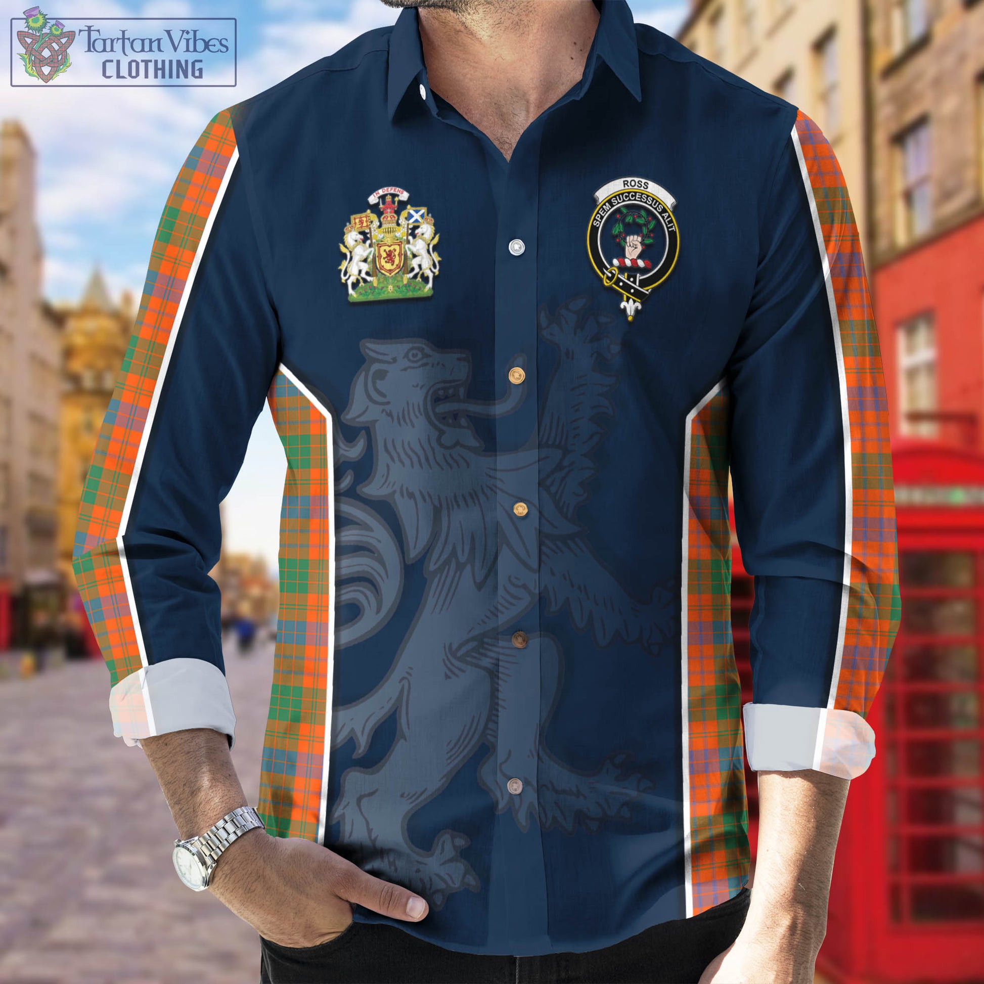 Ross Ancient Tartan Long Sleeve Button Up Shirt with Family Crest and Lion Rampant Vibes Sport Style