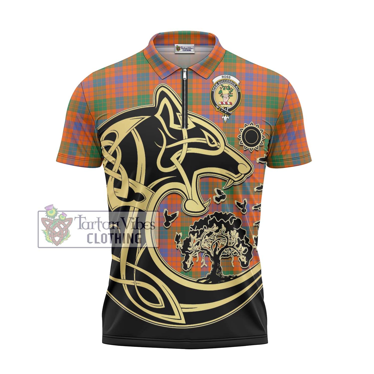 Tartan Vibes Clothing Ross Ancient Tartan Zipper Polo Shirt with Family Crest Celtic Wolf Style