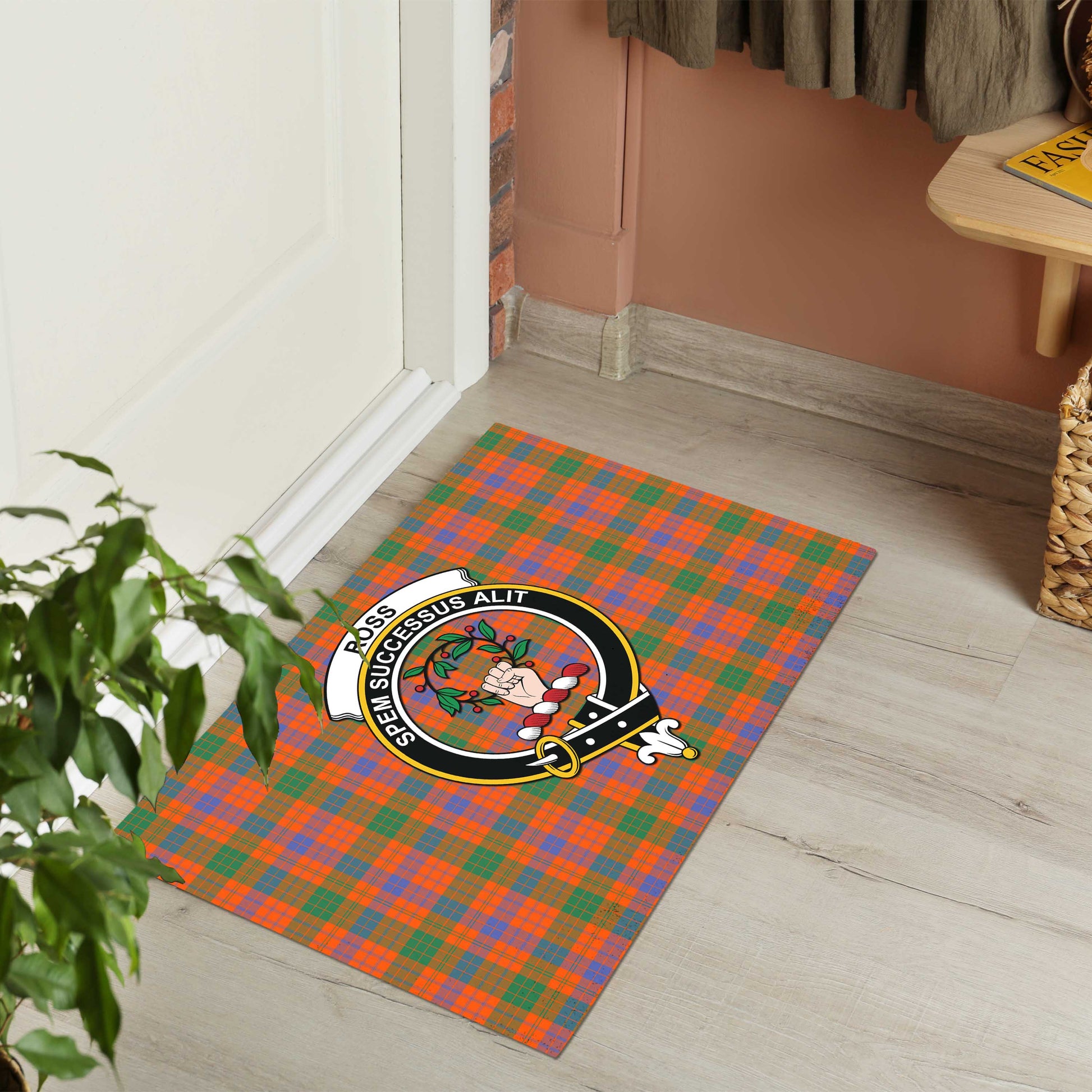 Ross Ancient Tartan Door Mat with Family Crest - Tartanvibesclothing Shop