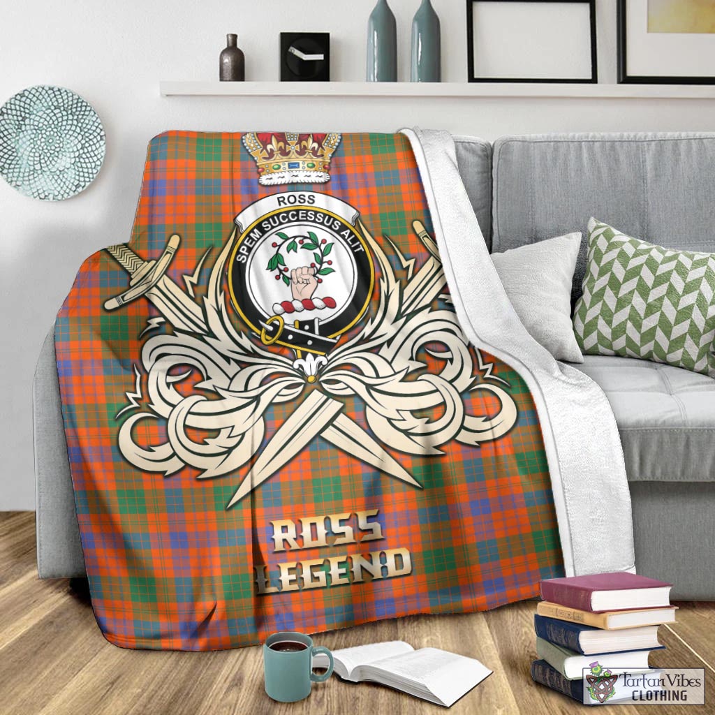 Tartan Vibes Clothing Ross Ancient Tartan Blanket with Clan Crest and the Golden Sword of Courageous Legacy