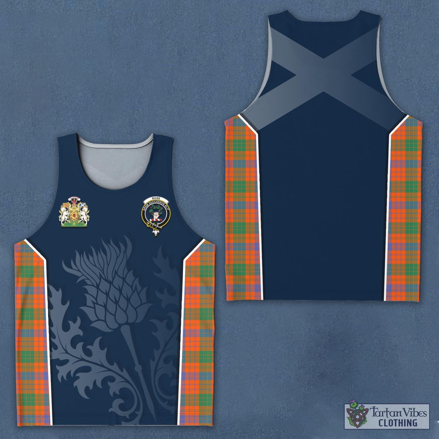 Tartan Vibes Clothing Ross Ancient Tartan Men's Tanks Top with Family Crest and Scottish Thistle Vibes Sport Style