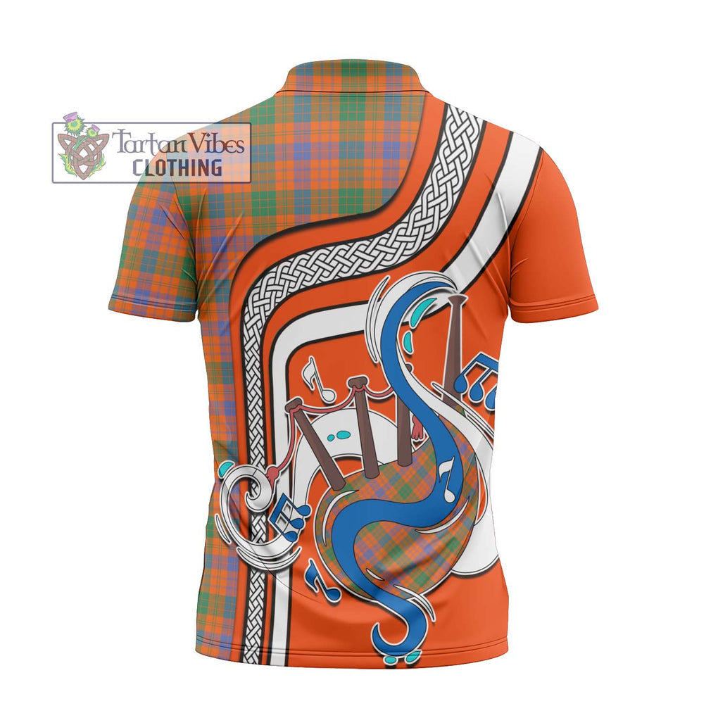 Ross Ancient Tartan Zipper Polo Shirt with Epic Bagpipe Style - Tartanvibesclothing Shop