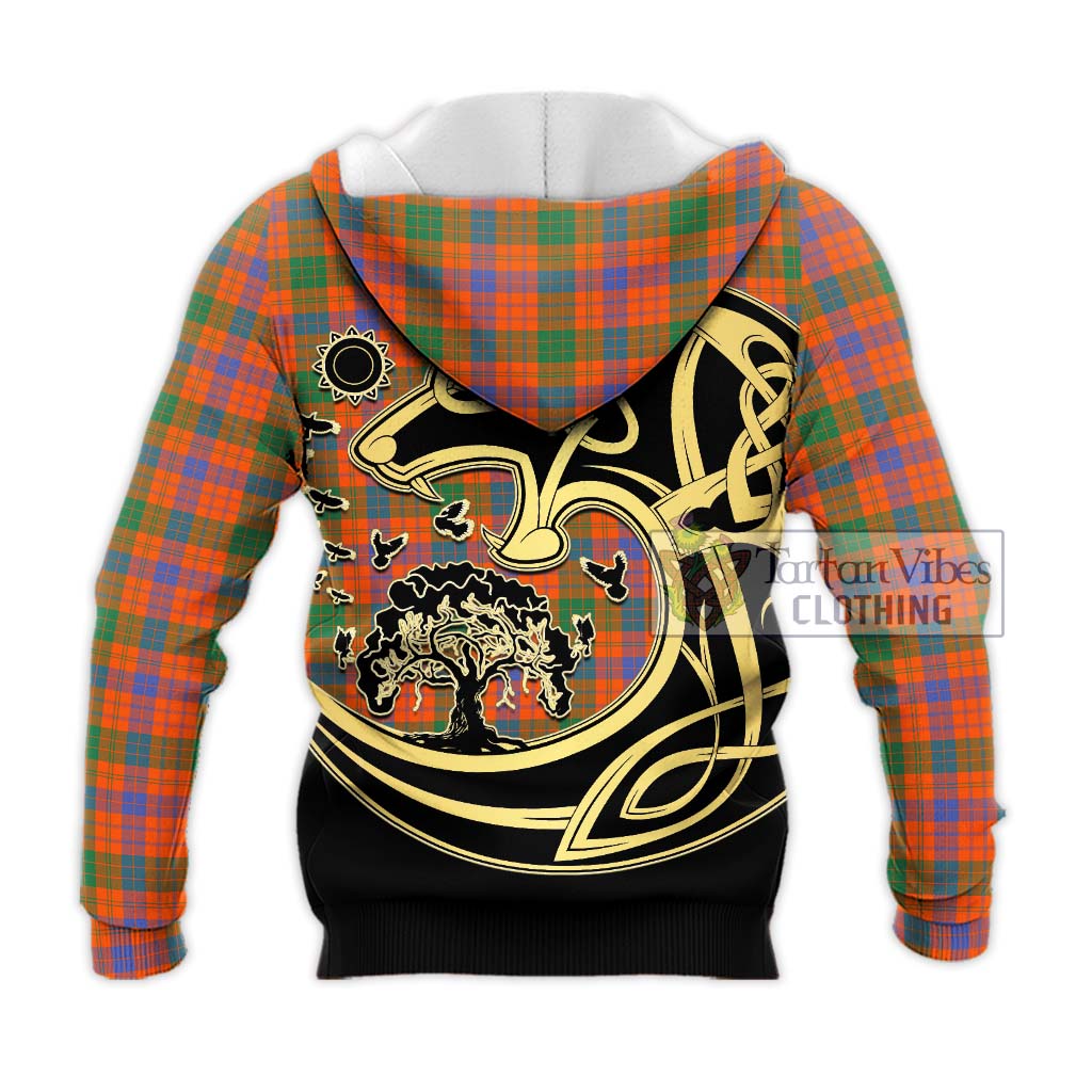 Tartan Vibes Clothing Ross Ancient Tartan Knitted Hoodie with Family Crest Celtic Wolf Style