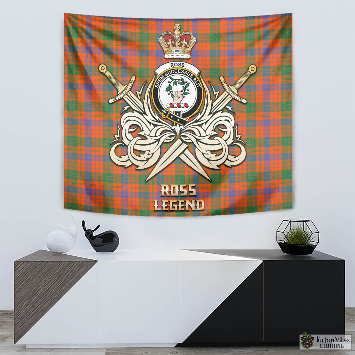 Tartan Vibes Clothing Ross Ancient Tartan Tapestry with Clan Crest and the Golden Sword of Courageous Legacy