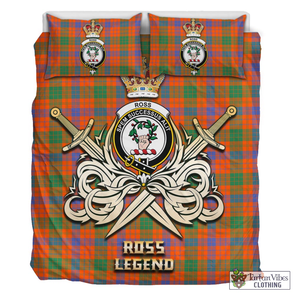 Tartan Vibes Clothing Ross Ancient Tartan Bedding Set with Clan Crest and the Golden Sword of Courageous Legacy