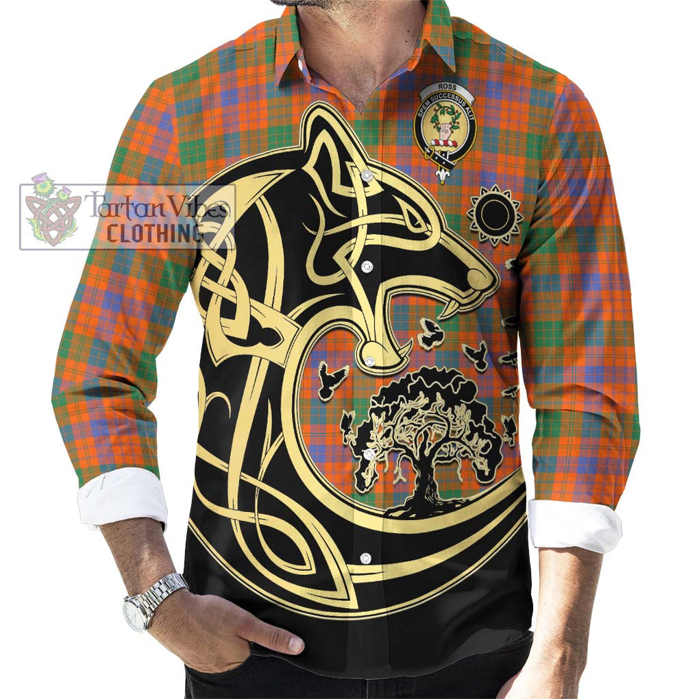 Ross Ancient Tartan Long Sleeve Button Shirt with Family Crest Celtic Wolf Style - Tartan Vibes Clothing