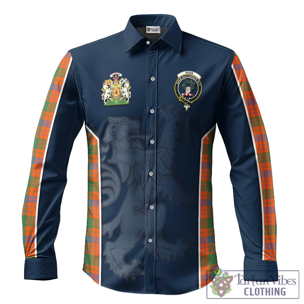 Ross Ancient Tartan Long Sleeve Button Up Shirt with Family Crest and Lion Rampant Vibes Sport Style