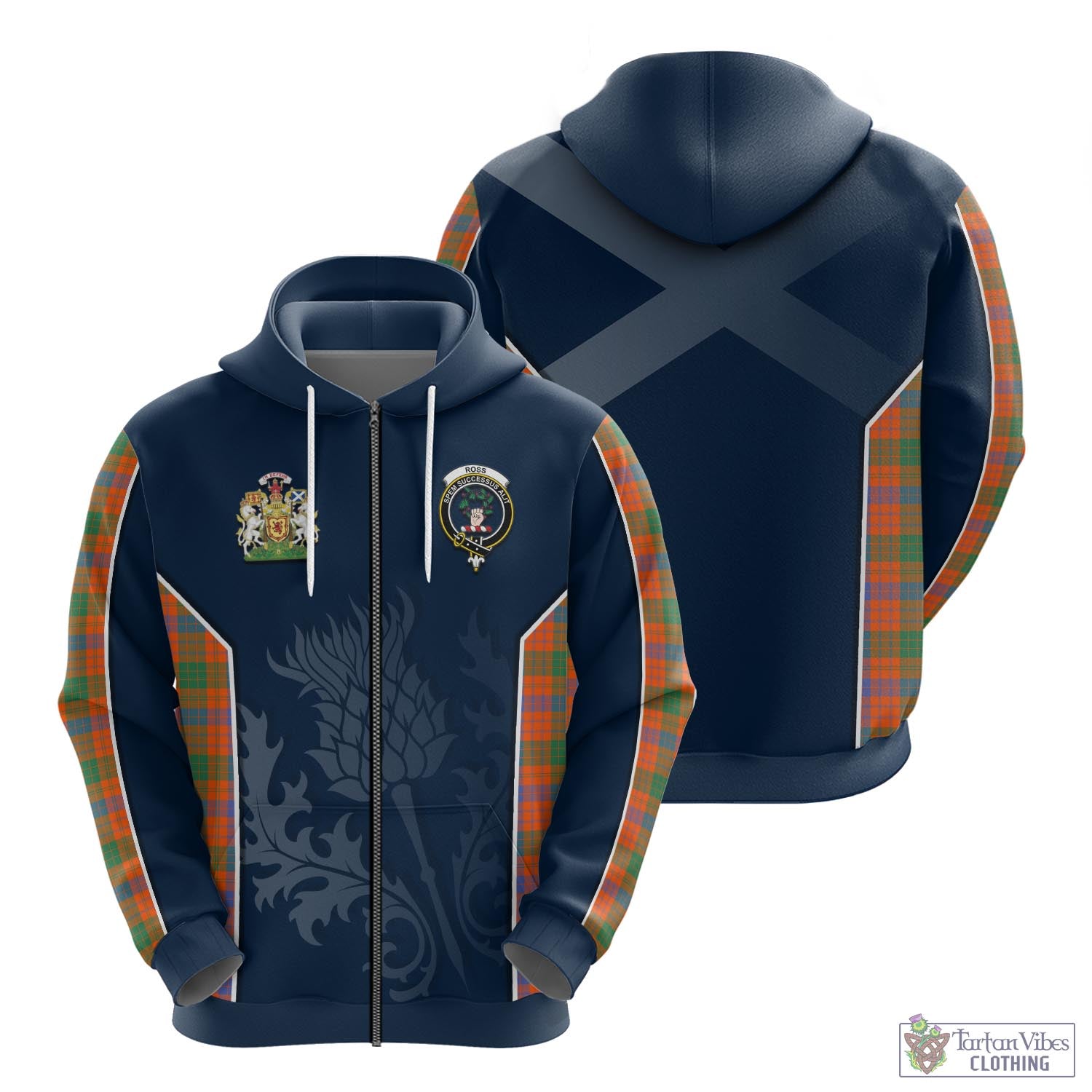 Tartan Vibes Clothing Ross Ancient Tartan Hoodie with Family Crest and Scottish Thistle Vibes Sport Style