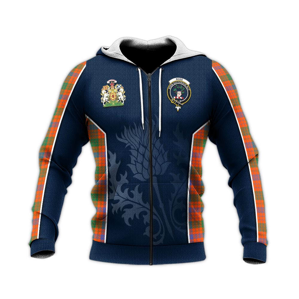 Tartan Vibes Clothing Ross Ancient Tartan Knitted Hoodie with Family Crest and Scottish Thistle Vibes Sport Style