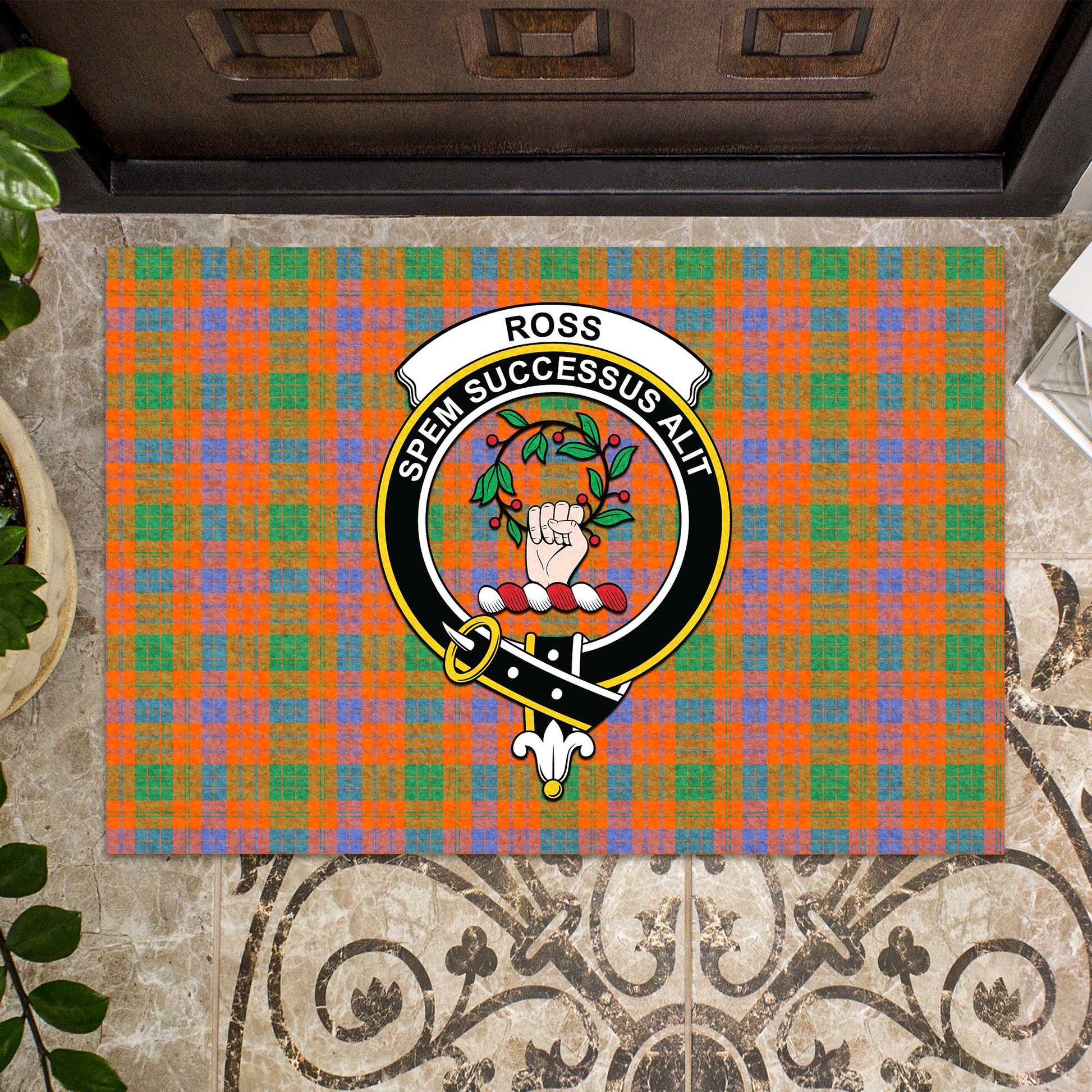 Ross Ancient Tartan Door Mat with Family Crest - Tartanvibesclothing Shop