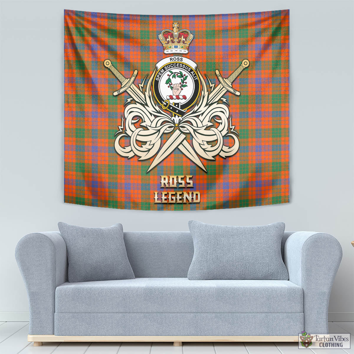 Tartan Vibes Clothing Ross Ancient Tartan Tapestry with Clan Crest and the Golden Sword of Courageous Legacy