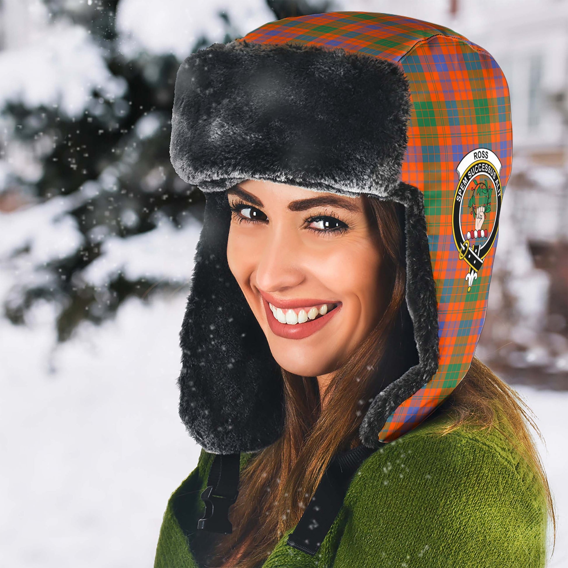 Ross Ancient Tartan Winter Trapper Hat with Family Crest - Tartanvibesclothing