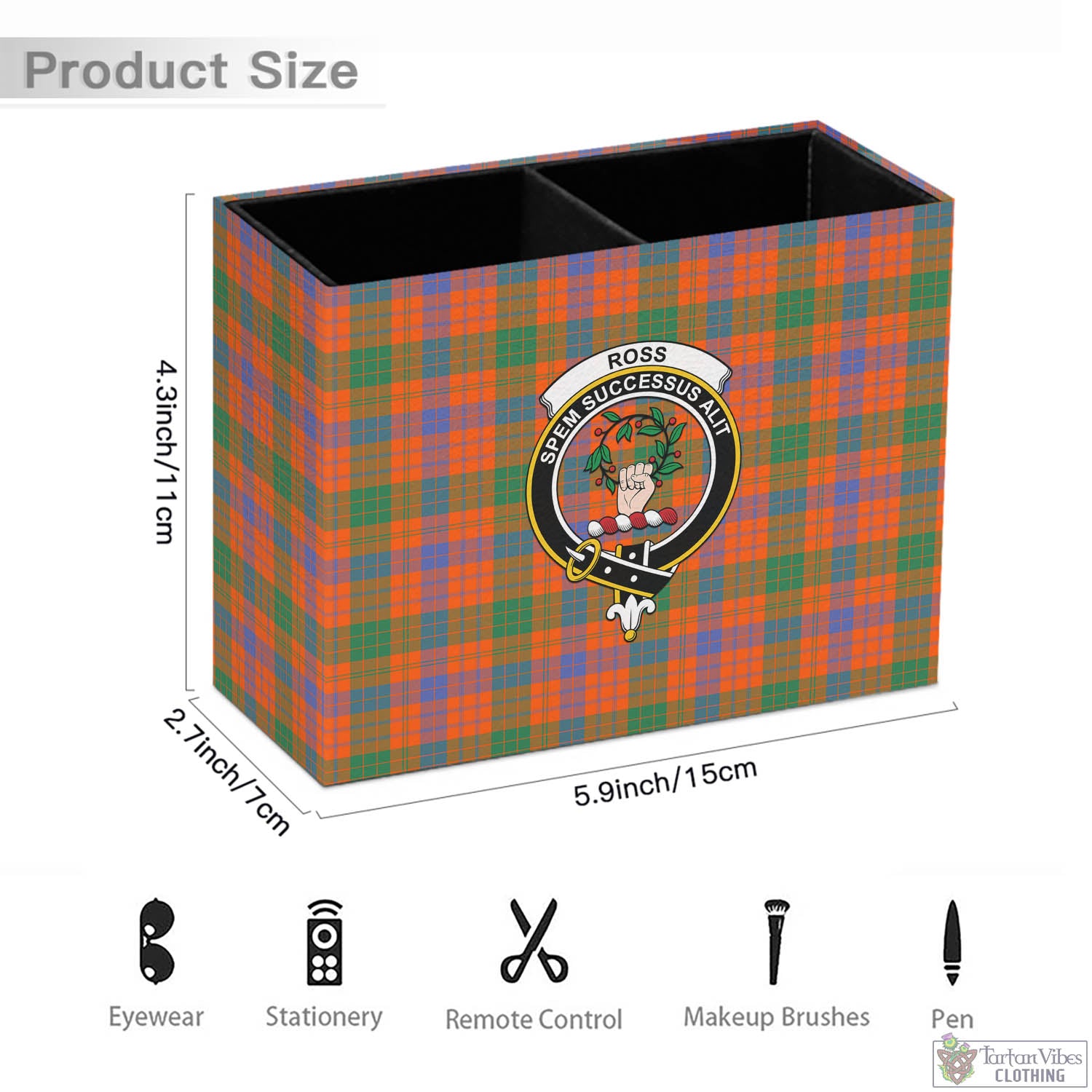 Tartan Vibes Clothing Ross Ancient Tartan Pen Holder with Family Crest