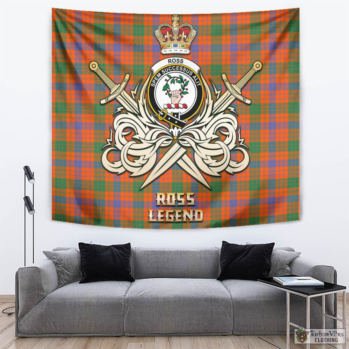 Tartan Vibes Clothing Ross Ancient Tartan Tapestry with Clan Crest and the Golden Sword of Courageous Legacy