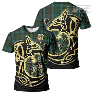 Ross Hunting Tartan T-Shirt with Family Crest Celtic Wolf Style