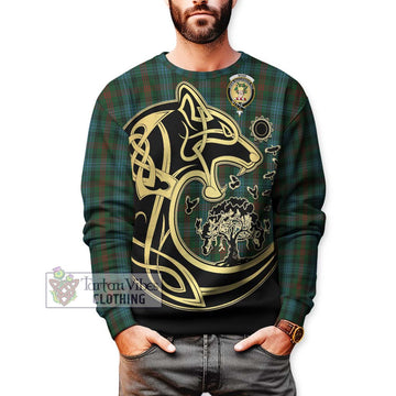 Ross Hunting Tartan Sweatshirt with Family Crest Celtic Wolf Style