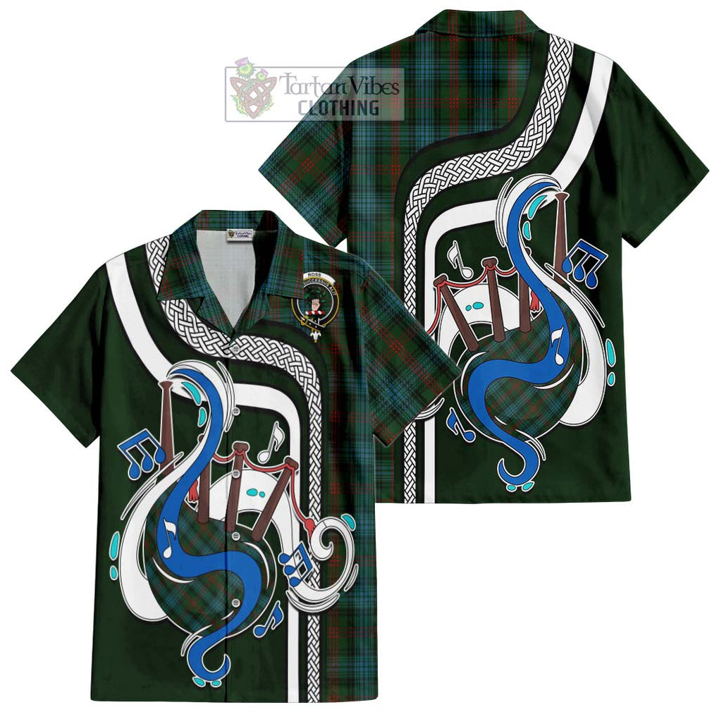 Ross Hunting Tartan Short Sleeve Button Shirt with Epic Bagpipe Style Kid - Tartanvibesclothing Shop