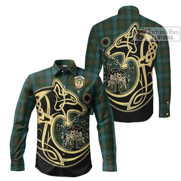 Ross Hunting Tartan Long Sleeve Button Shirt with Family Crest Celtic Wolf Style