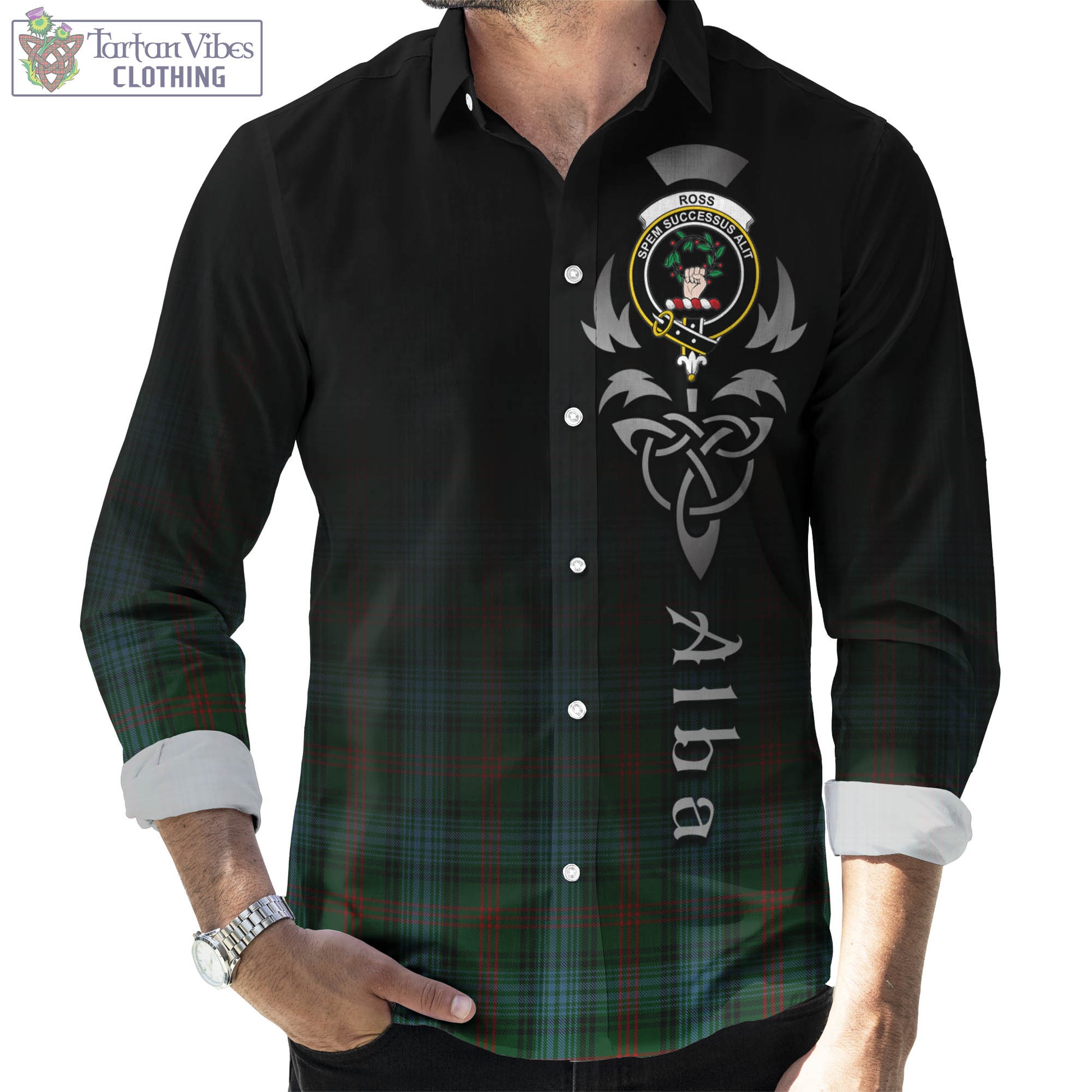 Tartan Vibes Clothing Ross Hunting Tartan Long Sleeve Button Up Featuring Alba Gu Brath Family Crest Celtic Inspired