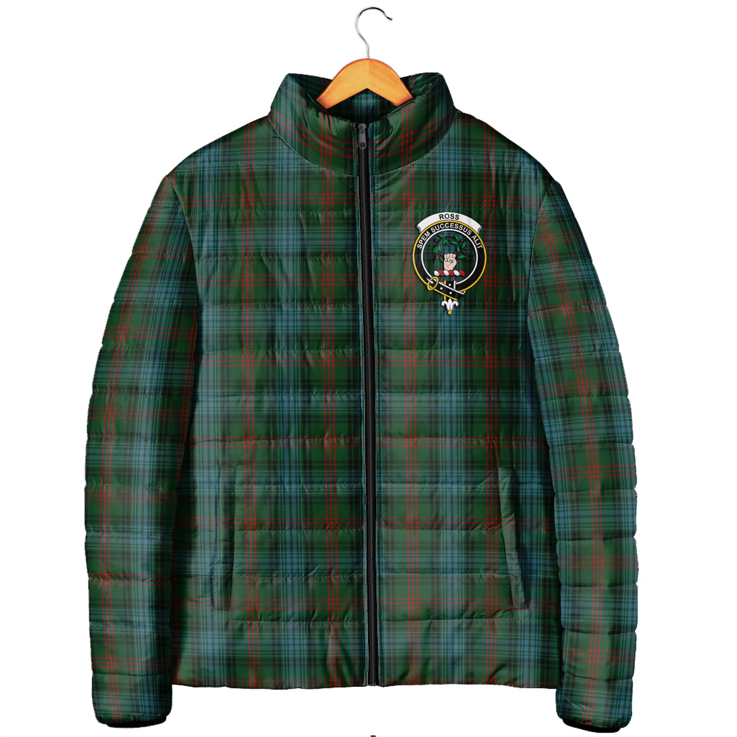 Ross Hunting Tartan Padded Jacket with Family Crest Men's Padded Jacket - Tartan Vibes Clothing