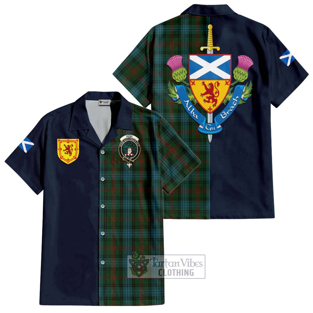 Tartan Vibes Clothing Ross Hunting Tartan Short Sleeve Button Shirt with Scottish Lion Royal Arm Half Style