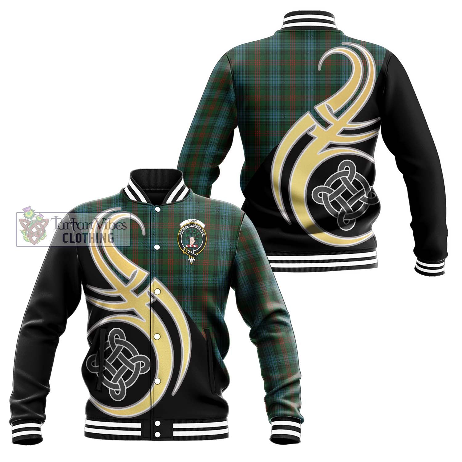 Tartan Vibes Clothing Ross Hunting Tartan Baseball Jacket with Family Crest and Celtic Symbol Style