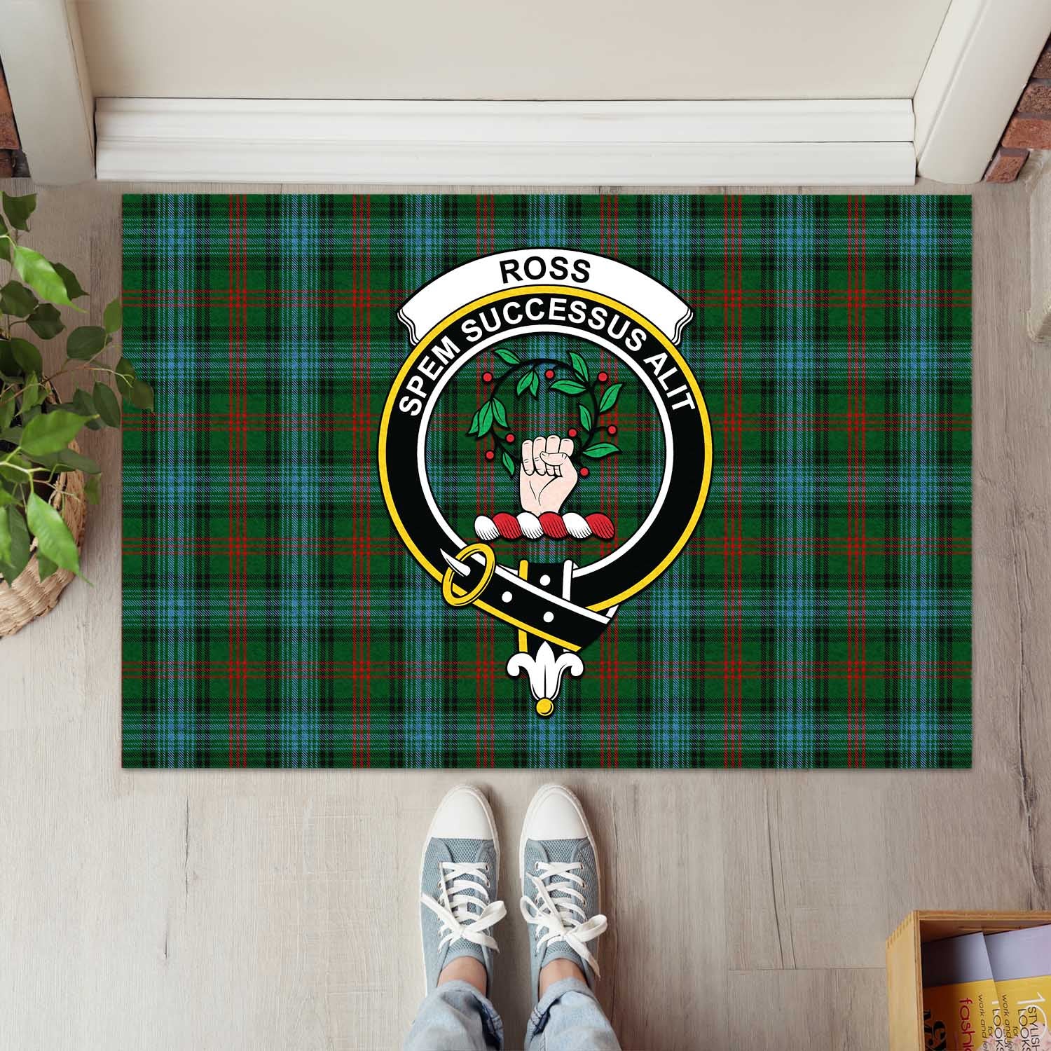 Ross Hunting Tartan Door Mat with Family Crest - Tartanvibesclothing Shop