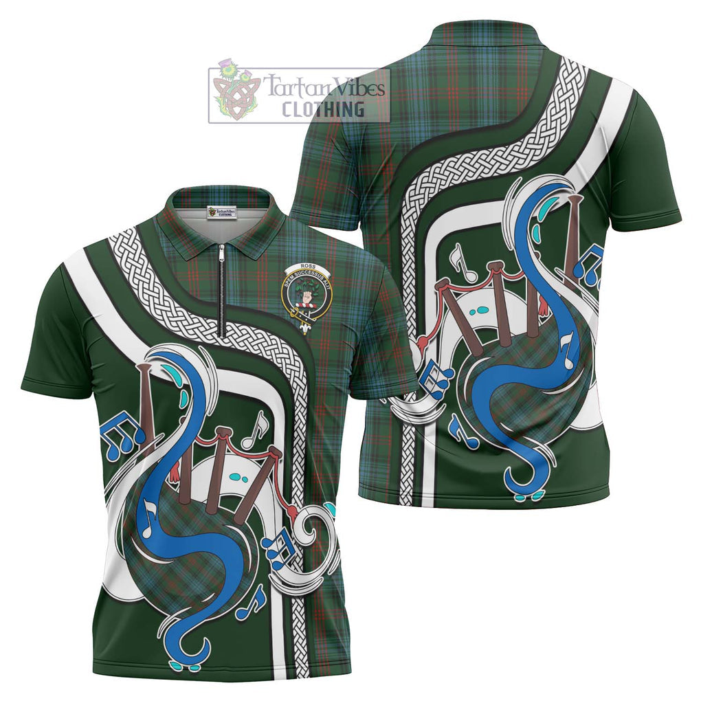 Ross Hunting Tartan Zipper Polo Shirt with Epic Bagpipe Style Unisex - Tartanvibesclothing Shop