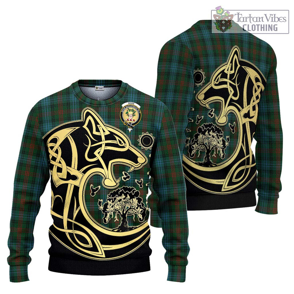 Ross Hunting Tartan Knitted Sweater with Family Crest Celtic Wolf Style Unisex - Tartan Vibes Clothing