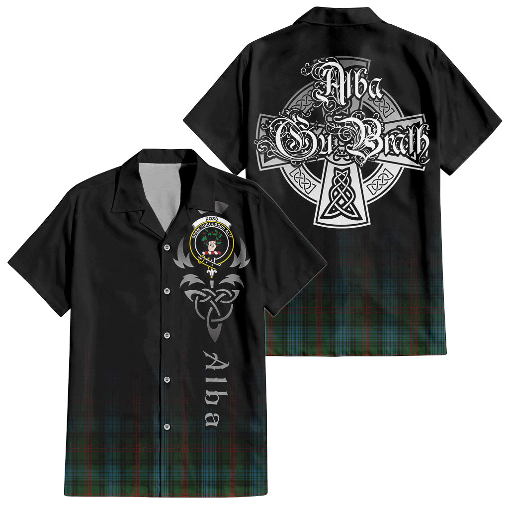 Tartan Vibes Clothing Ross Hunting Tartan Short Sleeve Button Up Featuring Alba Gu Brath Family Crest Celtic Inspired