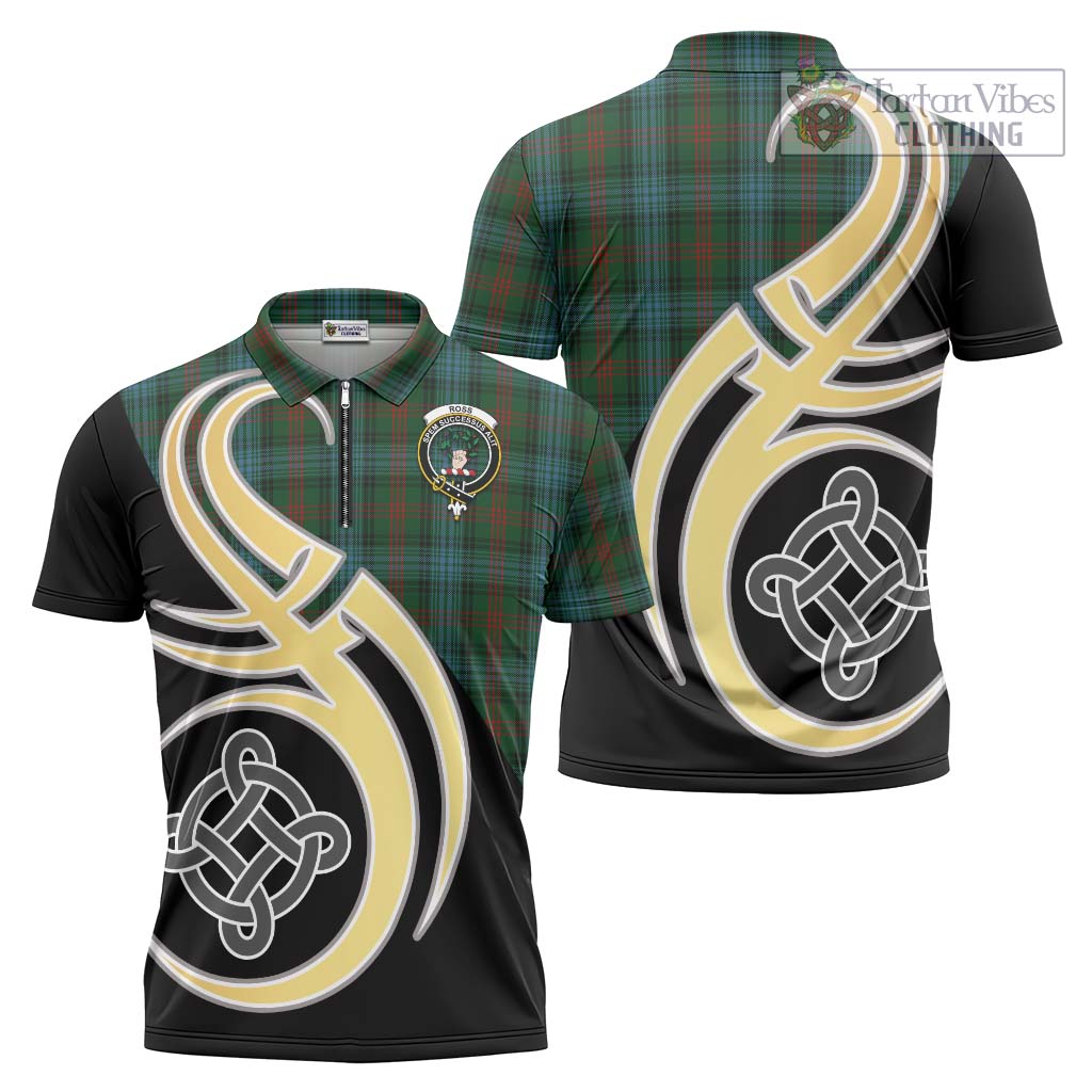 Tartan Vibes Clothing Ross Hunting Tartan Zipper Polo Shirt with Family Crest and Celtic Symbol Style