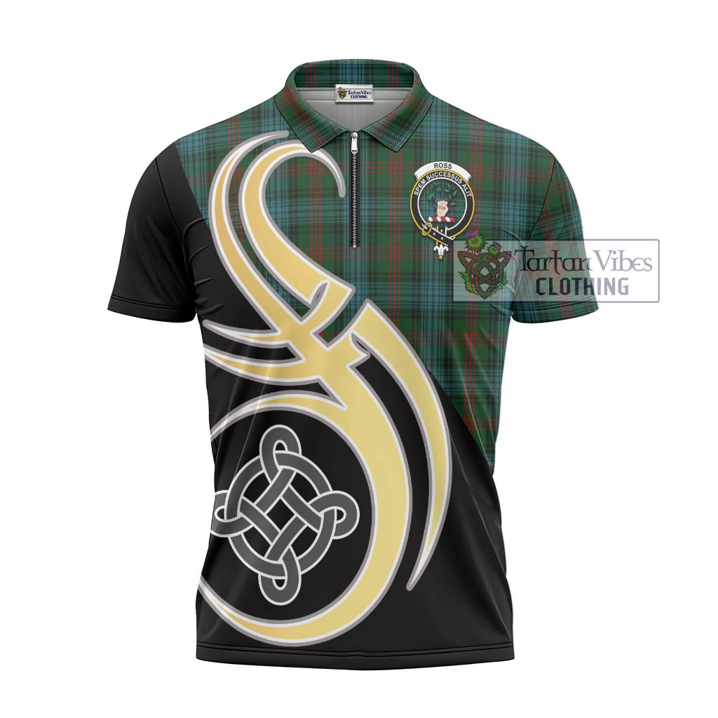 Tartan Vibes Clothing Ross Hunting Tartan Zipper Polo Shirt with Family Crest and Celtic Symbol Style