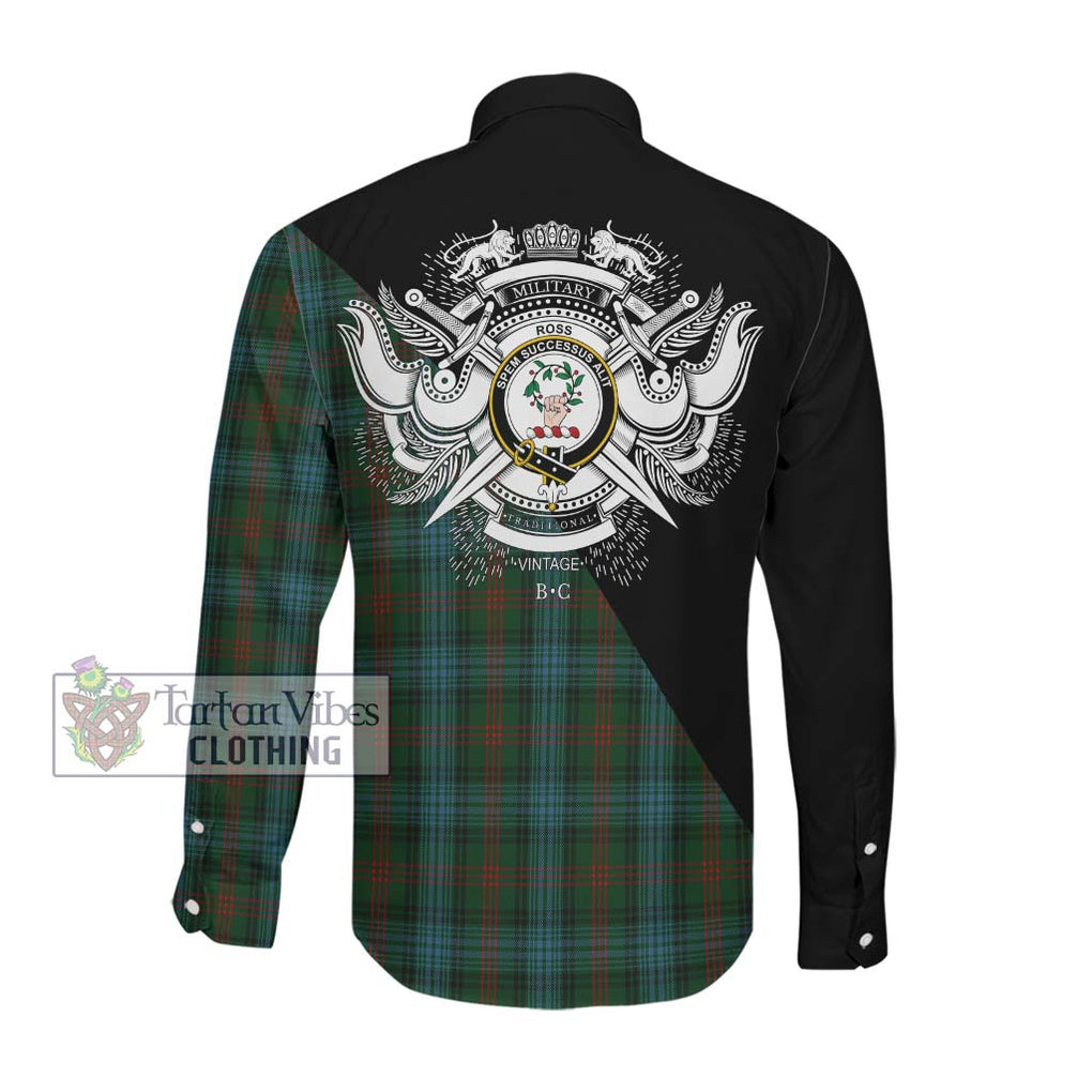 Ross Hunting Tartan Long Sleeve Button Shirt with Family Crest and Military Logo Style Men's Shirt - Tartanvibesclothing Shop