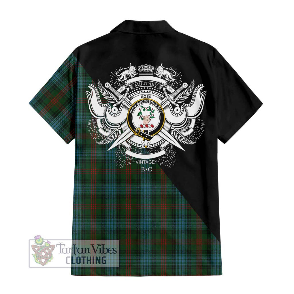 Ross Hunting Tartan Short Sleeve Button Shirt with Family Crest and Military Logo Style - Tartanvibesclothing Shop