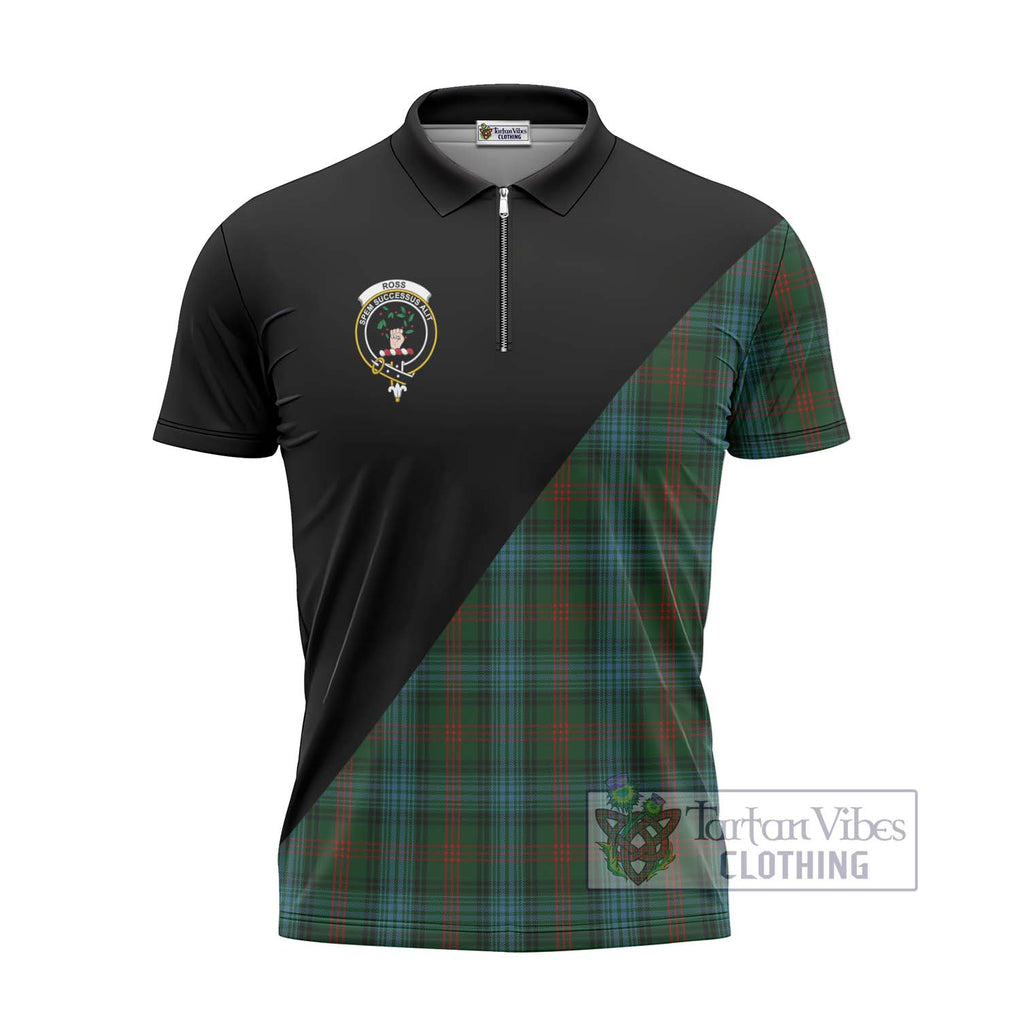 Ross Hunting Tartan Zipper Polo Shirt with Family Crest and Military Logo Style - Tartanvibesclothing Shop