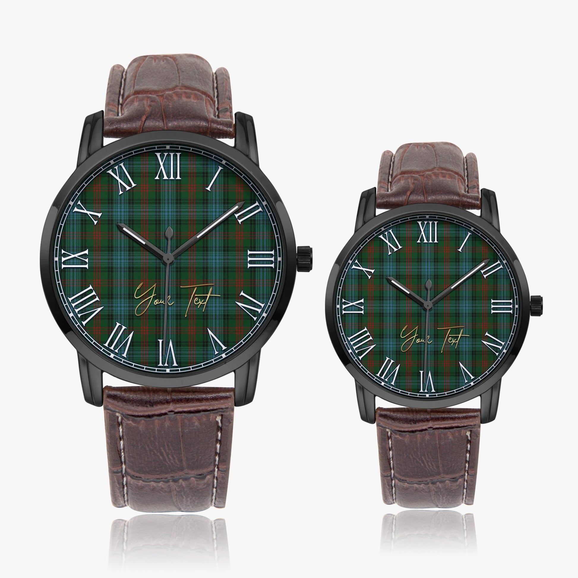 Ross Hunting Tartan Personalized Your Text Leather Trap Quartz Watch Wide Type Black Case With Brown Leather Strap - Tartanvibesclothing